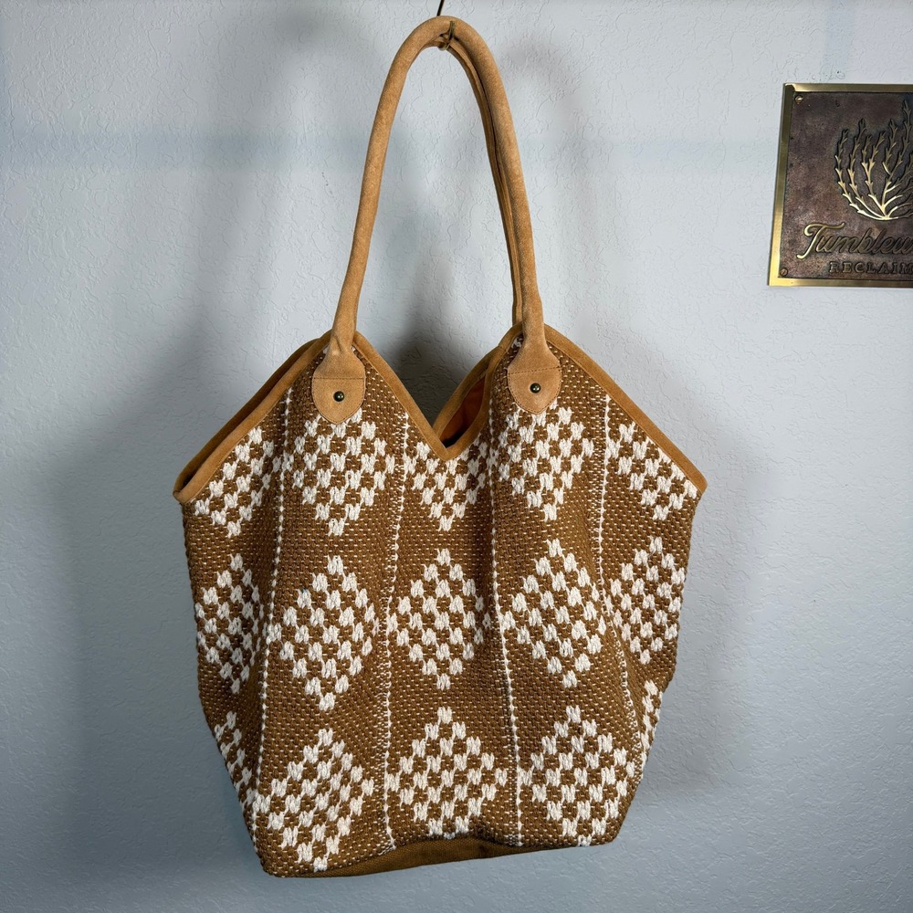 Panache Apparel Tan Woven Geometric Diamond Pattern Tote Shoulder Bag Boho